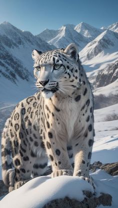 a snow leopard standing on top of a snowy mountain