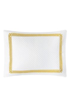 a white pillow with gold trimmings on the edges and an embroidered border around it