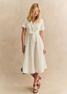 Short-sleeve embroidered midi dress;Belted waist;Classic collar;Patch pockets on the chest;Button placket on the front;Contrasting embroidery;Lined;Length from the shoulder: 116.5 cm (on a size EU36/UK8) Cream Dress In Fall, Midi Wedding Dress With Buttons, Cream Dress Sleeve, Cream Midi Shirt Dress, Womans Cream Dress, A Line Cream Dress, Midi White Dress Sleeves, Cream Dress Outfit Classy, Corporate Summer Outfits