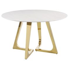 a white table with gold legs and a round top in the shape of a triangle