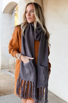 Kolby Knitted Pocket Scarf - Gray Pocket Scarf, Three Bird Nest, Pocket Scarves, Chunky Scarves, Rust Dress, Bird Nest, Soft Yarn, Winter Day, Sweatshirt Dress