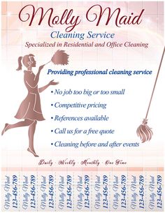 a cleaning service flyer with a woman holding a broom