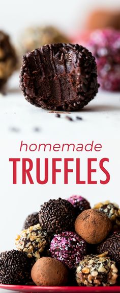 homemade truffles with chocolate and sprinkles are on a red plate