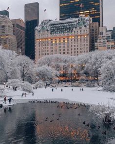 people are walking around in the snow near a pond