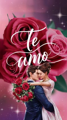 a couple hugging each other with the words te amo in spanish on top of them