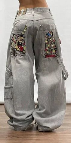 Skateboard Pants, Jean Pocket Designs, Estilo Cholo, Casual Slacks, Harajuku Women, Mid Waist Pants, Oufits Casual, Denim Decor, Streetwear Jeans