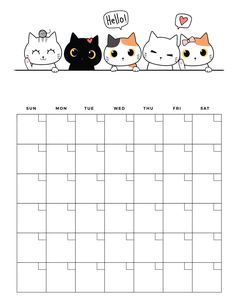 a calendar with three cats sitting on top of each other and the words hello written below it