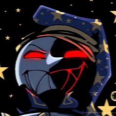 an animated character with red eyes and stars in the background