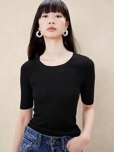 Caro Lightweight Cashmere Short-Sleeve Sweater | Banana Republic Cashmere Polo Sweater, Cashmere Polo, Support Local Farmers, Natural Resources, Short Sleeved Sweaters, Outerwear Sweater, Sweater Black, Beach Dress, Cashmere Sweaters