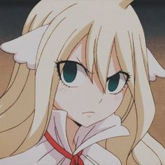 an anime character with long blonde hair and big blue eyes, wearing a white collared shirt