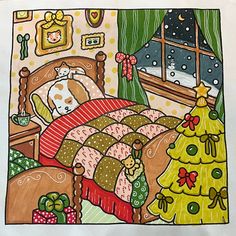 a drawing of a bed with christmas trees on it and presents in the corner next to it