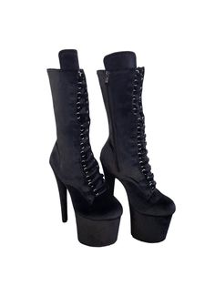 Black Plush Velvet Platform Stiletto Boots Rubber Sole. Cushioned DragPoleShoes Insole. 8inch 20cm high Heel, 4 inch Platform. 8 Lace Eyelets & hook eyelets. Lace up and inner ankle zip fastening. Calf Height, adjustable lacing width. Softer texture and wider foot instep for added comfort. Extended Tongue Tab. Message us via DM at our instagram page @dragpoleshoes if you need any assistance with purchases. For pole dancing or performance, in line with industry recommendations, we suggest you use boot protectors to prevent scuffing and to maintain your boots in tiptop condition.  SIZING INFORMATION: Please note that our boots are advertised in women's sizes. We recommend ordering 1-2 shoe sizes up for the equivalent in men's/NB shoe sizes.  DragPole Shoes: Designed for Lovers of High He Black Fitted Gothic Heels, Gothic Heels With Round Toe, Fitted Gothic Heels With Round Toe, Platform High Ankle Heels For Club, High Ankle Platform Heels For Club, Fitted High Cut Black Heels, Fitted Platform Boots With 4-inch Heel, Black High Cut Platform Heels, Black High-cut Platform Heels