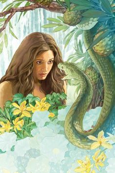 a painting of a woman with long hair next to a green snake and yellow flowers