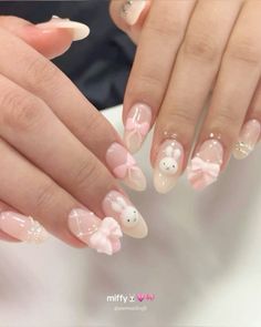 Cute Nails Coquette, Miffy Nails, Acrylic Nails Almond Shape, Beauty Nails Design, Glamour Nails, Almond Acrylic Nails