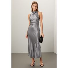 Grey satin (100% Silk). Shift. Sleeveless. Mock neck. Back zipper closure. Imported. Slip Midi Dress, Cocktail Formal, Bold Accessories, Wedding Cocktail, Reformation Dress, Wedding Cocktails, Gowns Of Elegance, Silk Slip, Style Profile