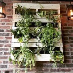 a wooden pallet filled with lots of plants on top of a brick wall next to two lamps