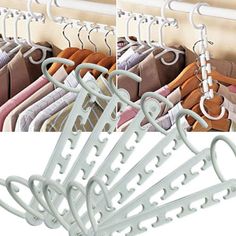 two pictures of clothes hanging on hooks and one showing the hangers for different types of shirts