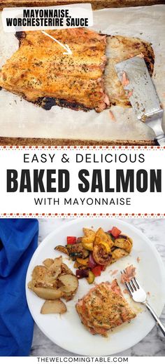 baked salmon with mayonnaise on a plate with grilled potatoes and vegetables Salmon With Mayo, Recipe With Mayonnaise, Baked Salmon With Mayo, Baked Salmon Recipe, Easy Main Dishes, Easy Fish Recipes, Crowd Pleasing Recipes, Lobster Recipes, Baked Salmon Recipes