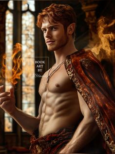 a shirtless man with red hair and no shirt holding a fire stick in his hand