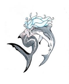 a drawing of a mermaid sitting on top of a dolphin's tail with her hair blowing in the wind