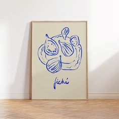 a blue drawing on a white wall next to a wooden floor