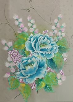 a painting of blue flowers and green leaves