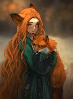 a woman with long red hair holding a fox