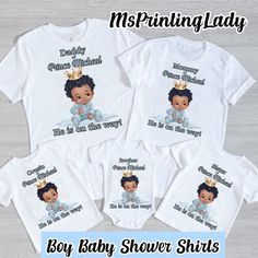 Ice Blue Baby Boy Baby Shower Prince (or Baby) Custom Name On Shirts! Choose Shirt Color and Font Color. High-Quality Prints and Service These personalized Prince Shirts are adorable and will leave a lasting memory.  Pick name title in the listing options. If you would like additional names, contact me for additional payment options.   State the name of the coming prince, Shirt Color and family title in the box.  Please note: We will attempt to have the same brand for all of the shirts, however Blue Crew Neck Top For First Birthday, Blue Cotton Top For First Birthday, Family Matching Blue Shirt With Name Print, Prince Shirt, Baby Shower Shirts, Boy Baby Shower Themes, Boy Baby Shower, Blue Baby, Boy Baby