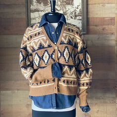 New Golden Brown Aztec Cardigan Sweater. Crop Boxy Fit - Yarn Shades Navy, Cream And Golden Brown. Fabric Is Acrylic And Alpaca. Fit: Length 22” Button Down. Size Small = 4/6 Aztec Sweater Cardigan, Aztec Cardigan, Aztec Sweater, Sweater Crop, Brown Fabric, Golden Brown, Colorful Sweaters, Cardigan Sweater, Alpaca