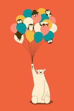 a polar bear holding balloons in the air