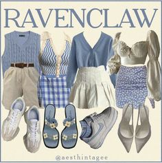 Summer Ravenclaw Outfits, Summer Harry Potter Outfits, Ravenclaw Summer Outfit, Ravenclaw Lookbook, Kawaii Outfits Pastel, Ravenclaw Inspired Outfits, Ravenclaw Aesthetic Outfit, Ravenclaw Outfit Aesthetic, Cottagecore Party