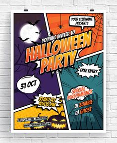 a halloween party poster hanging on a brick wall