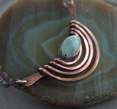 Tribal inspired copper necklace with aquamarine by IngoDesign                                                                                                                                                                                 More Bijoux Fil Aluminium, Egyptian Style, Handcrafted Artisan Jewelry, Wire Pendant, Aquamarine Stone, Copper Necklace