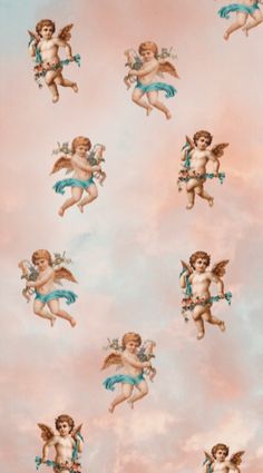 an image of angels in the sky with flowers on their heads and wings flying through the air