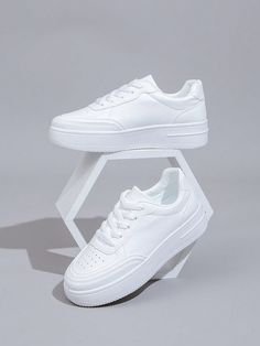 Spring And Autumn Fashionable Casual Sneakers With Thick Soles For Teenagers, White Skate Shoes White Sporty    Colorblock,Plain,All Over Print    Teen Shoes, size features are:Bust: ,Length: ,Sleeve Length: White Shoe Outfits For Women, White Shoes High, Plain White Shoes, Simple Sneakers, Teen Shoes, Plain White Sneakers, White Shoes For Girls, White Casual Sneakers, Woman Sneakers