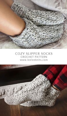 the legs and feet of a woman wearing slippers with text overlay that reads cozy slipper socks crochet pattern