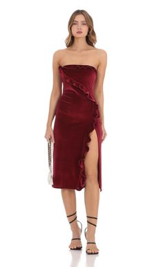 Ruffle Velvet Strapless Midi Dress in Maroon | LUCY IN THE SKY Maroon Midi Dress, Lucy In The Sky, Strapless Midi Dress, Valentine's Day Outfit, Night Outfits, Satin Fabric, Date Night Outfit, Hand Washing, Christmas Outfit