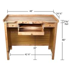 a wooden desk with measurements for the top and bottom drawers on each side, including an open drawer