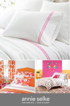 an image of a bed with white sheets and pink trimmings on the headboard