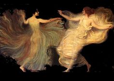 two women in yellow dresses are dancing with their hair flowing down the sides of their bodies