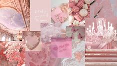 a collage of pink and white images with hearts, flowers, chandeliers