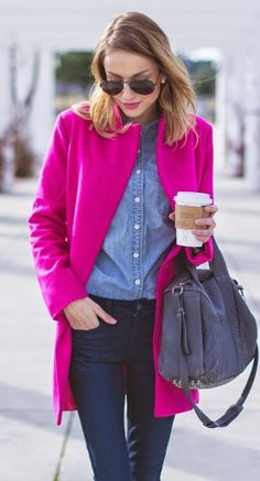 Styling Pink Coat, Fuschia Jacket Outfit, Hot Pink Jacket Outfit Winter, Fuchsia Jacket Outfit, Hot Pink Coat Outfit Winter, Fuschia Blazer Outfit, Hot Pink Cardigan Outfit, Pink Blazer Outfit Casual, Hot Pink Blazer Outfit