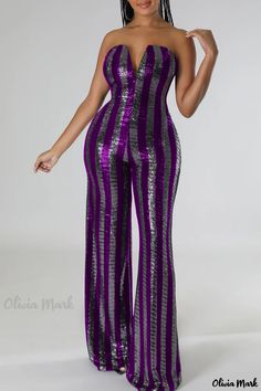 Olivia Mark - Purple and White Striped Strapless Sequin Patchwork Jumpsuit: A Stylish Statement Piece for Fashion-Forward Women. Jumpsuit With Feathers, Elegante Y Chic, Strapless Jumpsuit, Blue Jumpsuits, Red Jumpsuit, Red Sequin, Sleeveless Jumpsuits, Womens Clothing Stores