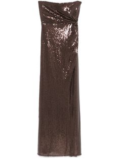 brown sequin design concealed rear hook and zip fastening square neck strapless boned bodice fitted waistline twist detailing gathered detailing draped detailing thigh-high side slit partial lining straight hem floor-length Sequined Gown, Boned Bodice, Alex Perry, Sequin Design, Brown Outfit, Wardrobe Edit, Metallic Dress, Exclusive Fashion, Thigh High