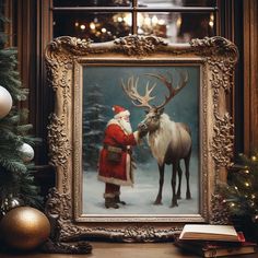 a painting of santa claus feeding a reindeer