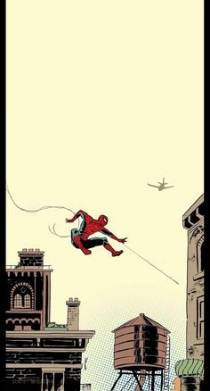 a spider - man flying through the air over a city with tall buildings and an airplane in the sky