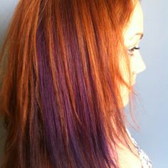 A little purple under red. Purple Ginger Hair, Ginger With Purple Highlights, Ginger Hair Purple Highlights, Ginger Hair With Purple Highlights, Ginger Hair With Purple, Red Hair With Purple Peekaboos, Purple Red And Orange Hair, Purple Highlights Redhead, Natural Red Hair With Purple Peekaboos