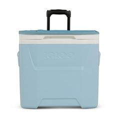 a blue and white cooler sitting on top of a white floor next to a black handle