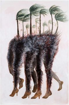 an animal with four trees on it's back and one foot in the air