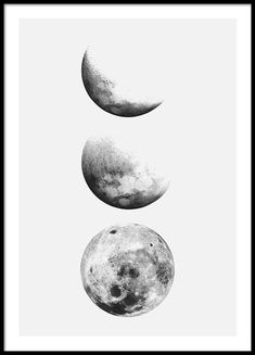 three phases of the moon are shown in black and white, against a light gray background